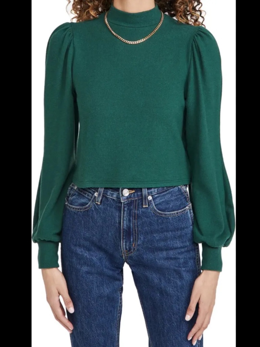 Reformation Cydney Mock Neck Puff-Sleeve Top in Emerald Green